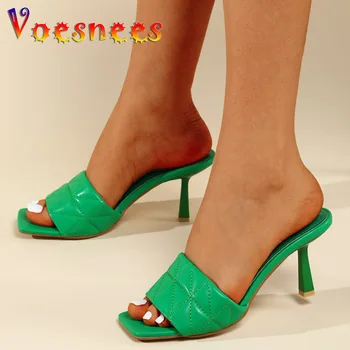 Voesnees Марка дизайн летни чехли елегантен квадратна глава висок ток 7.5CM дамски обувки на открито плажни пързалки сандали зелени мулета