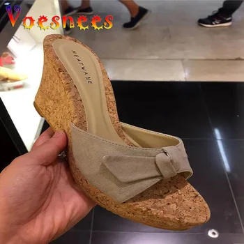 Voesnees Чехли Жени 2021 Летни модни клинове Високи токчета 9 см дънкови сандали на платформа Дамски слайдове Джапанки Дамски обувки