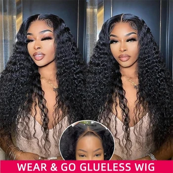 Wear and Go Glueless Wigs Human Hair Pre Plucked Pre Cut Deep Wave 5x5 HD Lace Closure Wigs for Women Airy Cap 180 Плътност