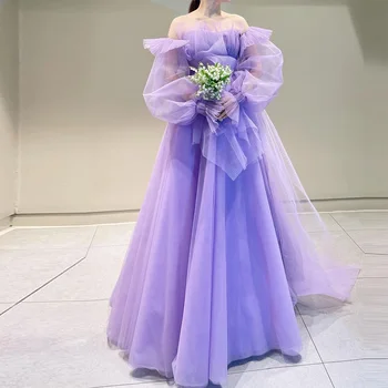 Xijun Лавандула Корея Дамски тюл вечерни рокли Буфан ръкави Плисе Ruched A Line Принцеса Абитуриентски рокли Официална парти рокля 2023