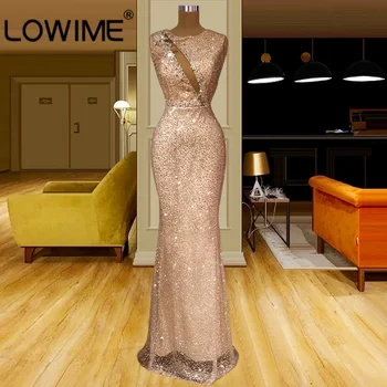 Арабско розово злато пайети русалка вечерна рокля за жени сватбено тържество луксозно мъниста дълго шампанско абитуриентски официални рокли 2021