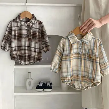 бебе момчета гащеризон дрехи 6-12 месеца реколта стил карирана печат дълъг ръкав ританки новородено памук бебе боди карирана гащеризон