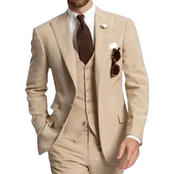 бежов 3Piece бизнес парти Най-добрите мъже костюми връх ревера два бутона по поръчка сватбени младоженец смокинги 2020 яке панталони жилетка 0