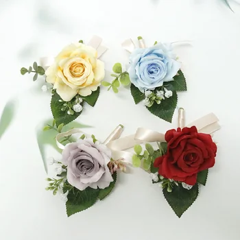 Бутониера и китката корсаж сватбени консумативи банкет гости симулирани цветя младоженец булка роза Multi цвят серия 385