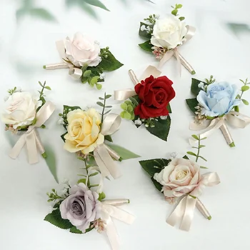 Бутониера и китката корсаж сватбени консумативи банкет гости симулирани цветя младоженец булка роза Multi цвят серия 385 1