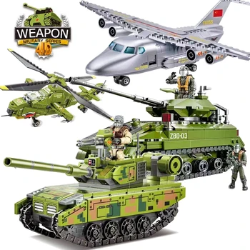 Военна битка танк изтребител строителни блокове хеликоптер транспортер самолет модел тухли WW2 войник оръжие играчка за дете подарък MOC