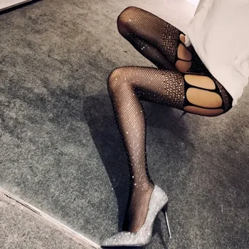 Горещо пробиване боди еротични бельо жени рибарска мрежа секси чорапи с колан кристал чорапогащник черна мрежа crotchless