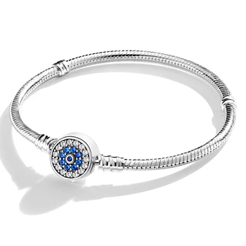 Гривна Silver 925 Original 16-21CM Blue Jewel Beaded Bracelet Important Christmas Gift Fit DIY Charms Birthday Jewelry Gift