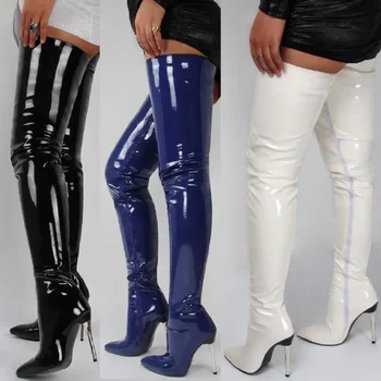 Дамска лачена кожа над коляното Ботуши Висок ток Секси Висока Обувка 2023 Нов голям размер Stiletto Дамски ботуши Botas Mujer