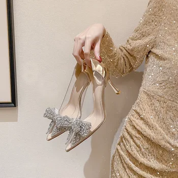 Дамски лък обувки на високи токчета 2023 Лято Нова заострена елегантна дамска обувка Rhinestone Slim Heel Shoe Луксозна сватбена рокля Банкетна обувка
