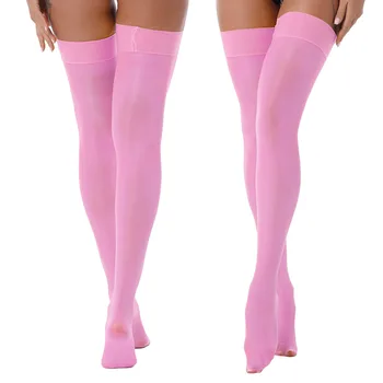 Дамски лъскави прозрачни чорапи масло лъскави дълги чорапи плътен цвят еластични отвесни бедрото високи чорапи екзотични трикотажни клубни облекла 3