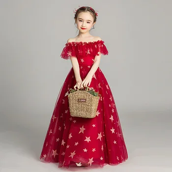 Детска рокля принцеса рокля цвете момиче сватбена рокля момиче дума рамо пухкава риза домакин пиано костюм
