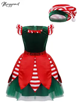 Детски момичета пайети Дядо Коледа Туту рокля фигурно пързаляне рокля Коледа елф костюм бонбони тръстика рокля трико с шапка Танцово облекло
