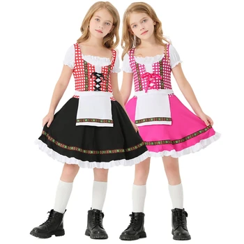 Детски немски традиционен костюм от Октоберфест Черен розов кариран принт Национален костюм за изпълнение