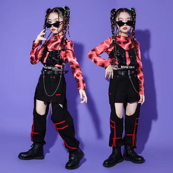 Детски хип-хоп Показване на облекло Печат Изрязване на горната тениска с дълъг ръкав Черно изрязани панталони за момиче Джаз танц костюм дрехи комплект