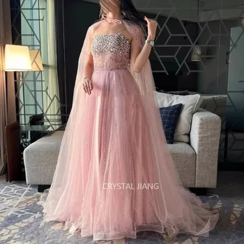 Елегантен дълъг без презрамки мъниста пайети тюл розови вечерни рокли линия дължина на пода vestidos de gala mujer