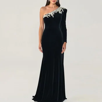 Елегантна абитуриентска рокля за жени с едно рамо пълни ръкави апликация драпирани вечерни парти рокли с дължина до пода فساتين للحفلات الراقصة