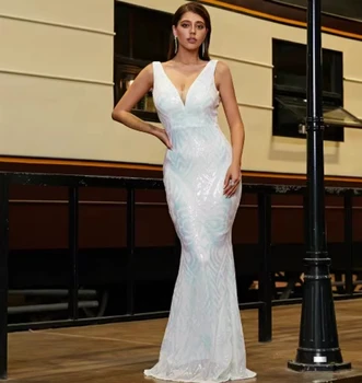 Елегантна бяла рокля блясък с пайети V-образно деколте Широко спиране русалка дължина на пода за жени vestidos para mujer elegantes y bonitos