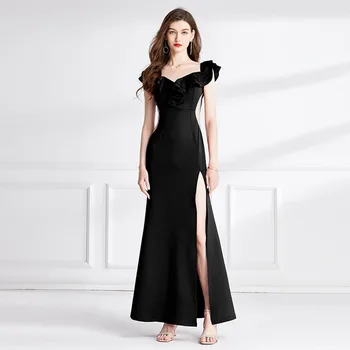 Елегантна солидна вечерна рокля на жените секси къдри от рамото Препоръчани визуална илюзия талията дизайн висока вилица Vestido