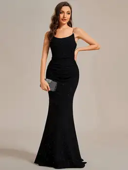 Елегантни вечерни рокли Квадратни врат спагети презрамки без гръб дължина на пода 2024 BAZIIINGAAA на русалка черна шаферка рокля