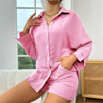 Есен 100% памук пижама комплекти Дамска пижама костюм Ежедневни фоайе Блузи с дълъг ръкав Нощно облекло Блузи за сън с къси панталони Спално облекло