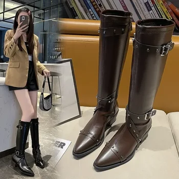 Есен и зима Нови горещи продажба на жените високо обувка мода посочи пръсти плътен цвят цип удобни и елегантни дамски обувки