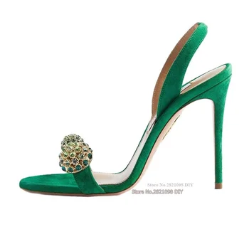 Жените любов балон сандали зелен велур кожа скъпоценен камък тънък ток висок ток жени сандал токчета летни кожени обувки