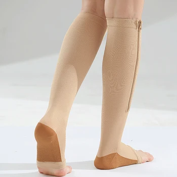 Жените цип компресия чорапи цип крак подкрепа коляното Sox отворени пръсти чорап зимата топли чорапи