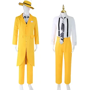 Жълт дълъг костюм Cos Хелоуин костюм аниме Cos прикрити Weirdo Cos костюм Джим носят маска човек 1