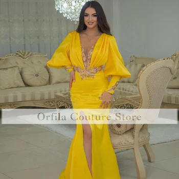 Жълт плюс размер русалка вечерни рокли за жени дълги ръкави Aso Ebi абитуриентски рокли Близкия изток сватба гост рокля