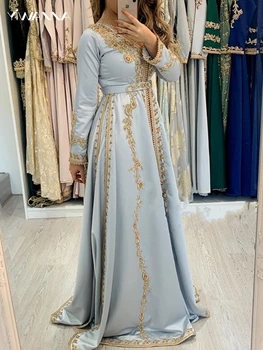 Класическа V-образно деколте дълъг ръкав сватбена рокля блестящи мъниста пайети булката роба мюсюлмански сатен A-линия дълго булчински рокля роба де Mariée