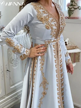 Класическа V-образно деколте дълъг ръкав сватбена рокля блестящи мъниста пайети булката роба мюсюлмански сатен A-линия дълго булчински рокля роба де Mariée 1