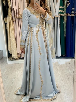 Класическа V-образно деколте дълъг ръкав сватбена рокля блестящи мъниста пайети булката роба мюсюлмански сатен A-линия дълго булчински рокля роба де Mariée 2