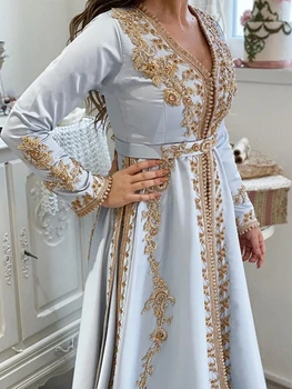 Класическа V-образно деколте дълъг ръкав сватбена рокля блестящи мъниста пайети булката роба мюсюлмански сатен A-линия дълго булчински рокля роба де Mariée 3