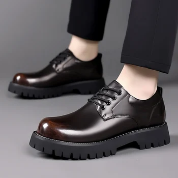 Класически тенденции Пролет на открито мъжки кожени обувки платформа Oxfords мъжки дерби обувки случайни мъжки дантела нагоре дебели подметки работни обувки