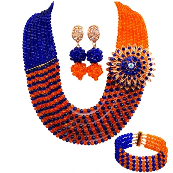 Комплект модни бижута Кралско синьо и оранжево африканско колие булчински бижута комплекти
