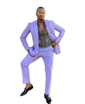 Костюм Homme Light Purple Mens Suits 2 Piece Beach Groomsmen Wedding Tuxedos For Male Slim Fit Официален абитуриентски костюм (яке + панталони)