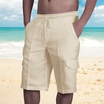 Летни ежедневни панталони Мъжки Капри Див памук и лен Свободни панталони с шнур Плажно улично облекло Trend Straight Pants