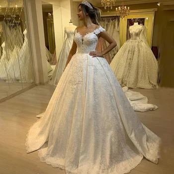 Луксозна бална рокля дантела сатенени сватбени рокли 2020 Апликации по поръчка с къси ръкави Булчински рокли Vestidos De Novias Рокля булка