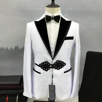 Луксозни мъжки жакардови костюми Моден връх ревера и модел бутон мъжки костюм бизнес случайни сватбено парти смокинг 3 парче комплект