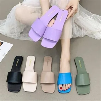 Лято жени чехли плоски открит плаж джапанки жени слайдове лилаво синьо квадратни пръсти дизайн сандали корейски обувки голям размер 43