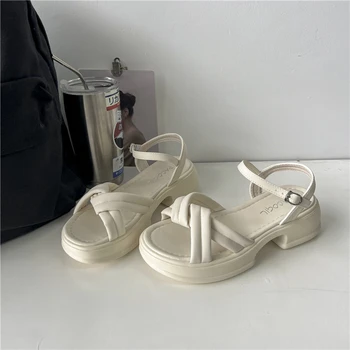 Лято Нови еднолинейни плажни обувки Дамски дебели еднолични римски обувки Дамски гъвкави ретро удобни дебели пети против хлъзгане сандали