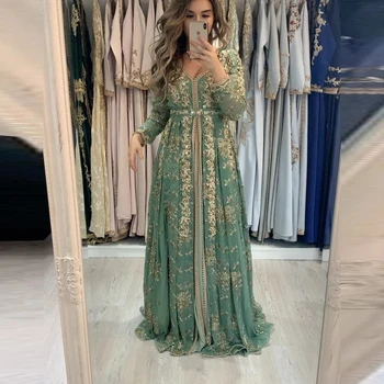 Мента Марокански кафтан Кафтан Мюсюлмански вечерни рокли A-line V-образно деколте Тюл Апликации Мъниста Дубай Арабски Турция Abaya ислямска рокля