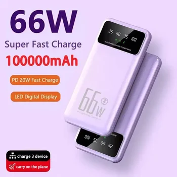 Мобилна мощност 100000mah 66W Power Bank Преносимо външно зарядно устройство за батерии Бързо зареждане за Huawei Samsung Iphone Powerbank