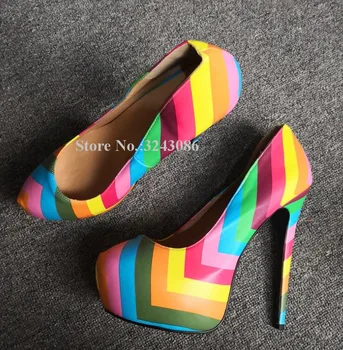 Мода Rainbow Color Stiletto Heel Pumps Lady New Mixed Color Slip-on High Heels Dress Shoes Women Single Shoes Real Снимки
