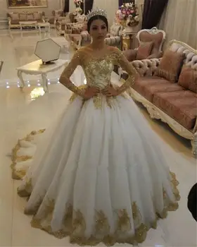 Модерна лъжичка деколте злато дантела апликации сватбени рокли с дълги ръкави почистване влак формован булчински рокли
