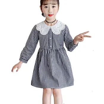 Момичета рокля пролет есен мода решетка рокля памук за училище момиче кукла яка деца парти принцеса рокли LC073