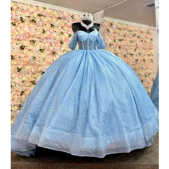 Небесно сини лъскави рокли Quinceanera 2024 Sparkly Gillter Sequins Beaded Lace-up Corset Princess vestidos de 15 años