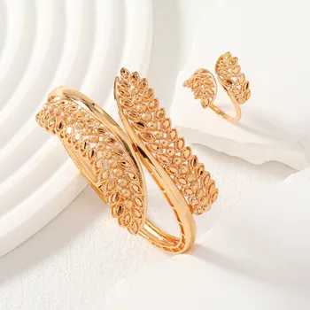 Нов арабски модерен ухо на пшеница дизайн гривна пръстен комплект за жени позлатени медни маншет гривна свободен размер етнически булката бижута