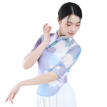 Нов къс Cheongsam Топ класически танц марля мрежеста облекло Фея сцена костюм модерен ханфу Qipao носят отпечатани флорални рокля